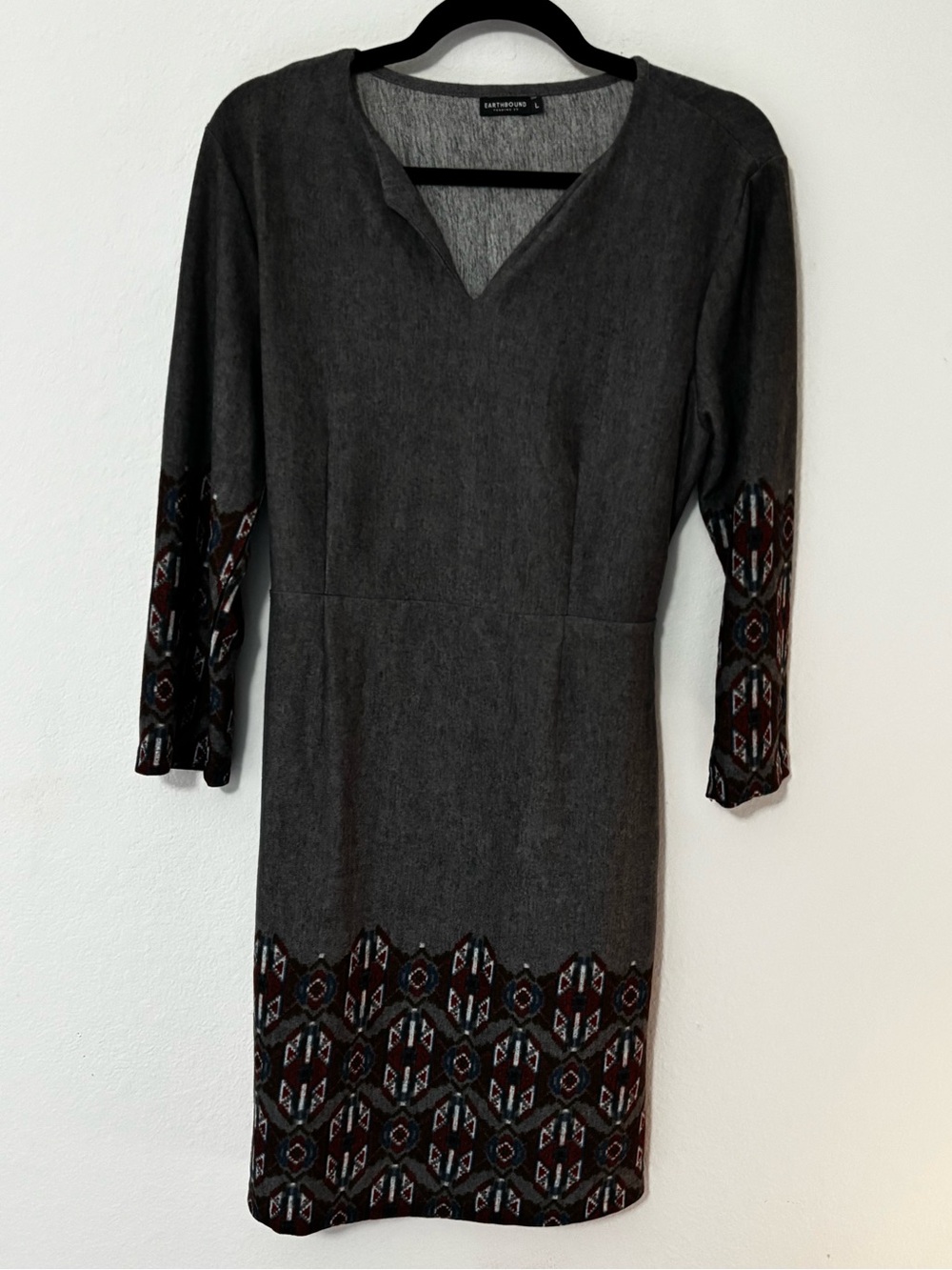 Earthbound Trading Co Grey Aztec Print Sweater Dress Sz L